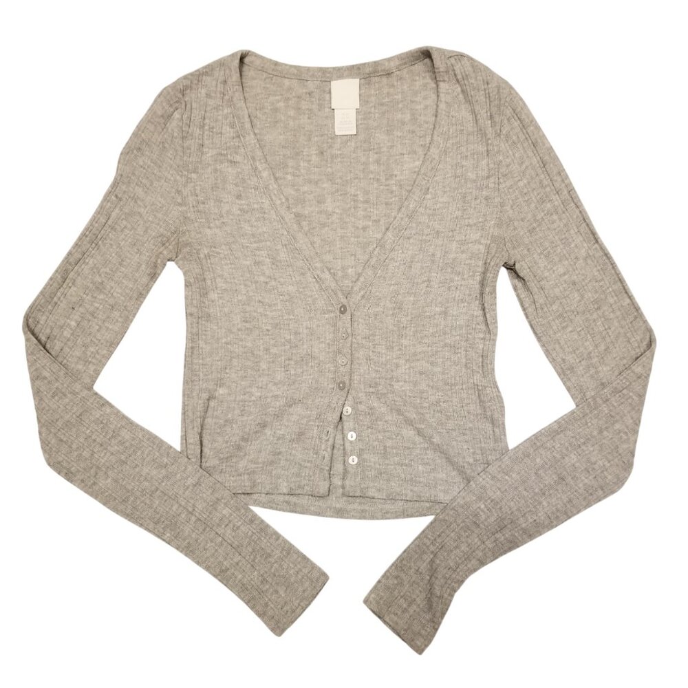 H&M Light Grey Cropped Cardigan X-Small Ribbed Long Sleeve Button Up V-Neck Top